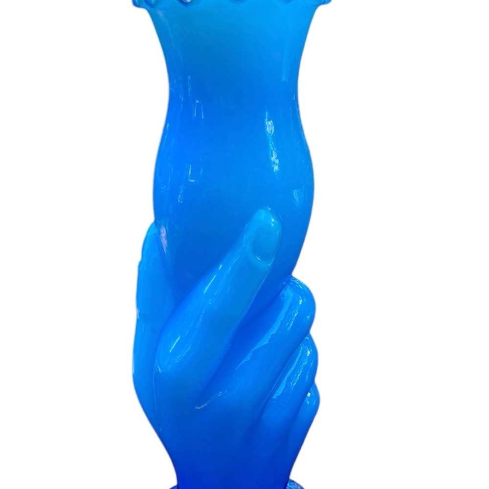 Vintage Fenton Art Blue Overlay Milk Glass Ripple Hand Vase Torch RARE 8.5” - Picture 3 of 6